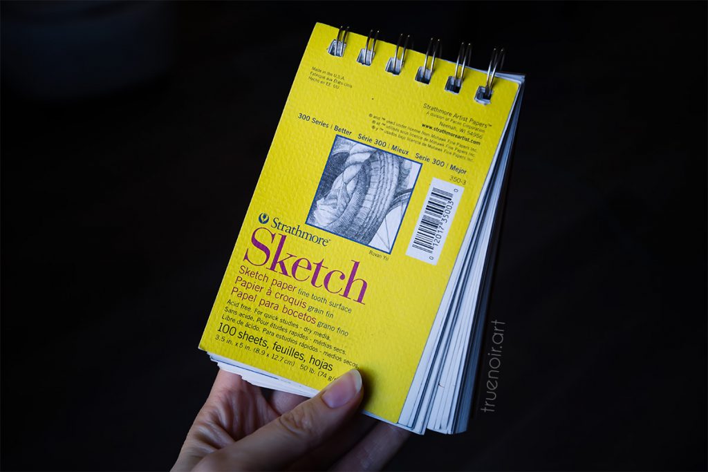 Photo of small 3.5 x 5 inch yellow Strathmore Sketch Pad that I use for this art challenge