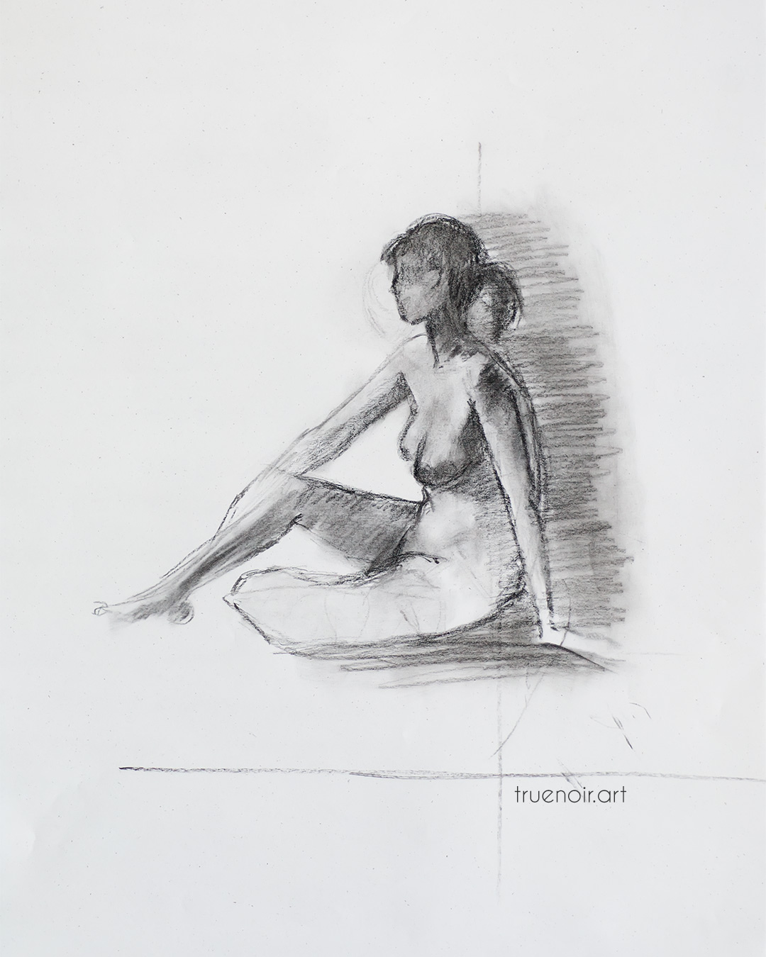 Seated pose, charcoal drawing