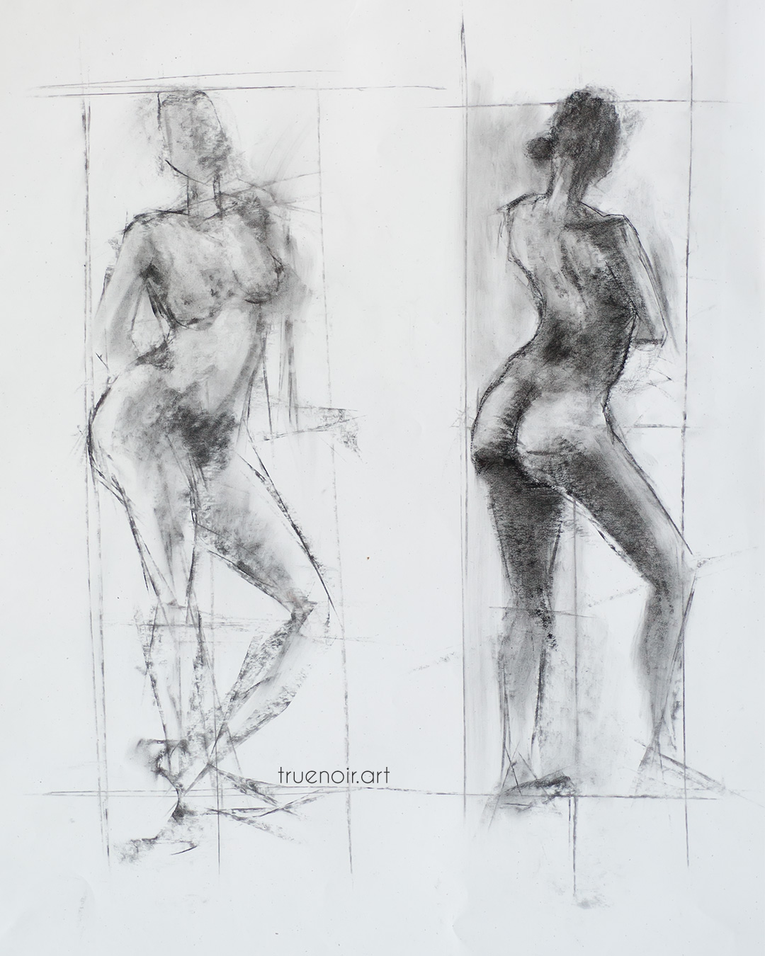 Two-pose female, charcoal drawing