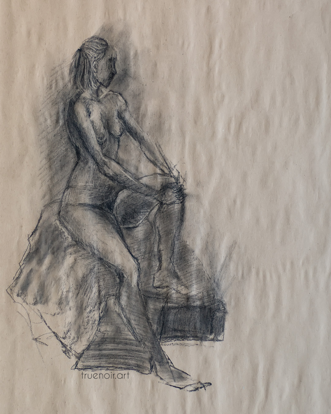 Sitting figure, charcoal drawing