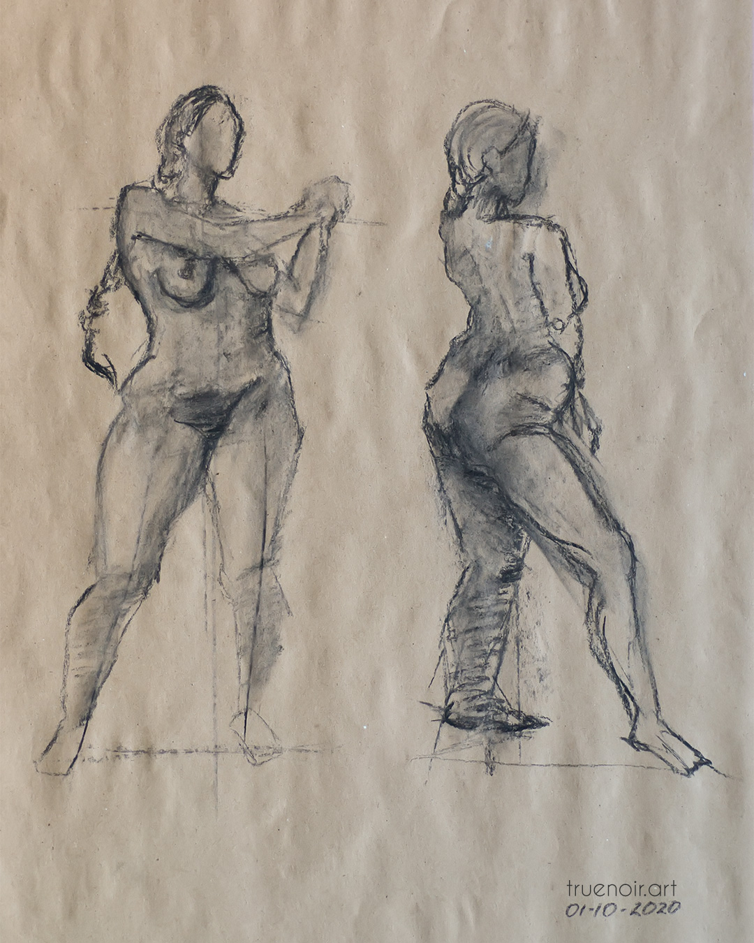 Two figures, charcoal drawing
