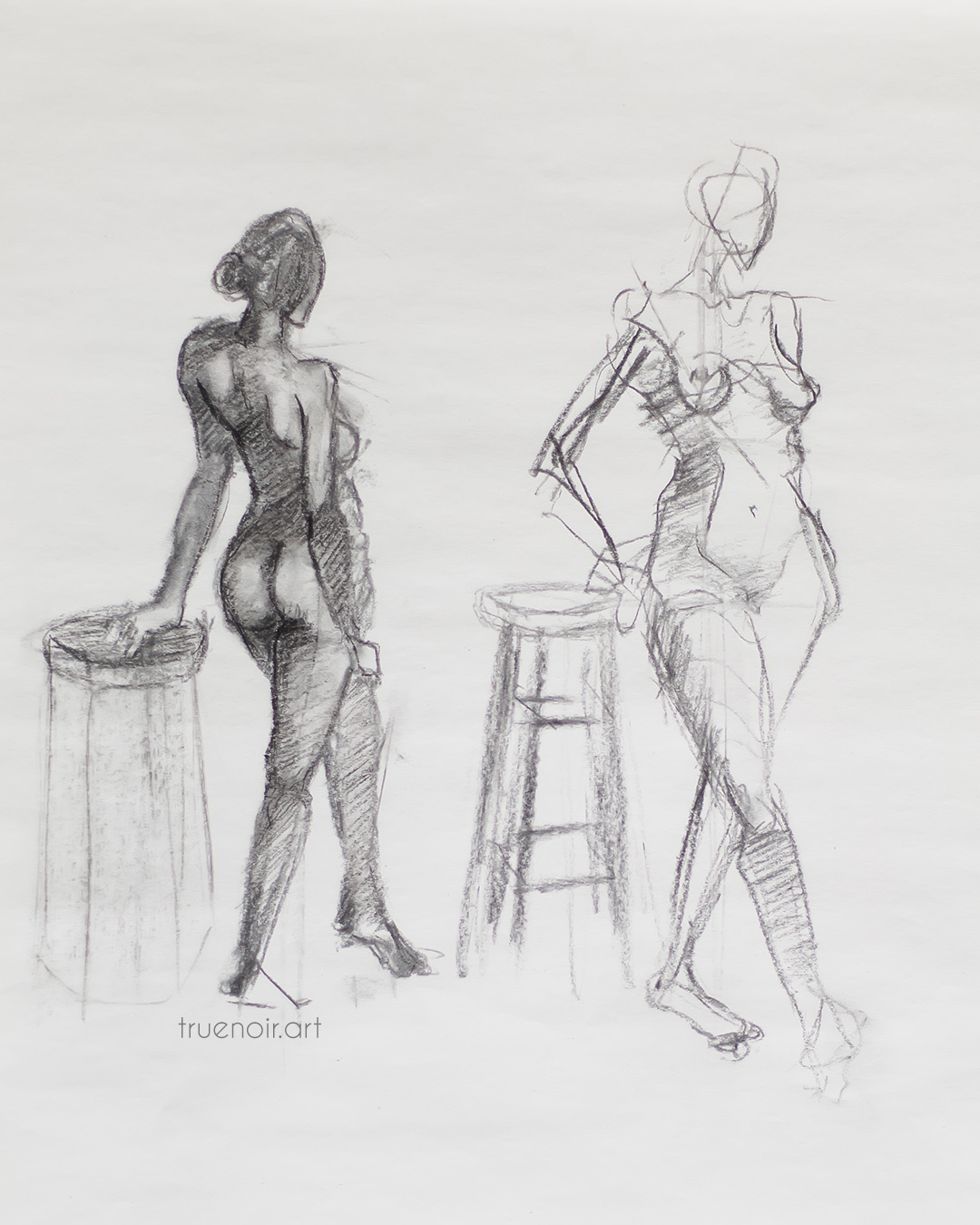 Short and shorter poses, charcoal drawing
