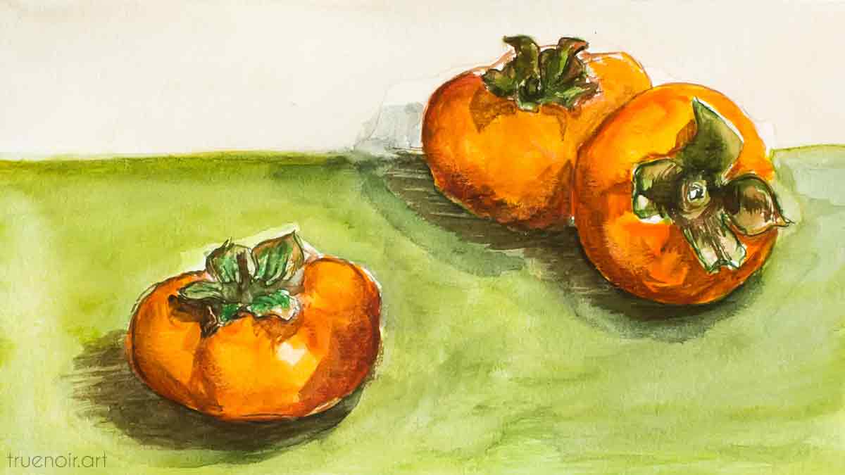 Three persimmons, watercolor painting