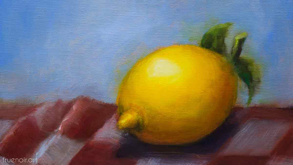 Lemon on the Checkered Tablecloth, oil painting