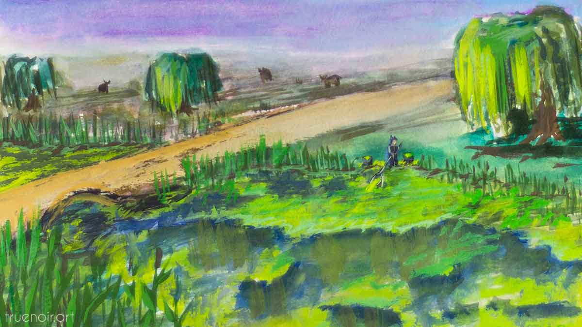 On the Swamp, gouache painting