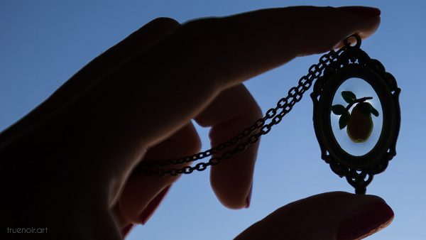 Cover photo with Floating Pear Pendant held against the sky.