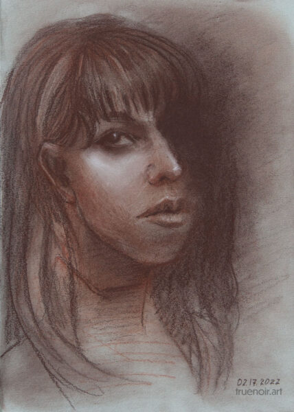 This sepia drawing depicts a portrait of a girl with straight shoulder-length dark hair. The drawing shows only one eye, the farther eye is completely in the darkness. This adds a mysterious quality to this drawing. The girl is facing right, but looks straight at the viewer.