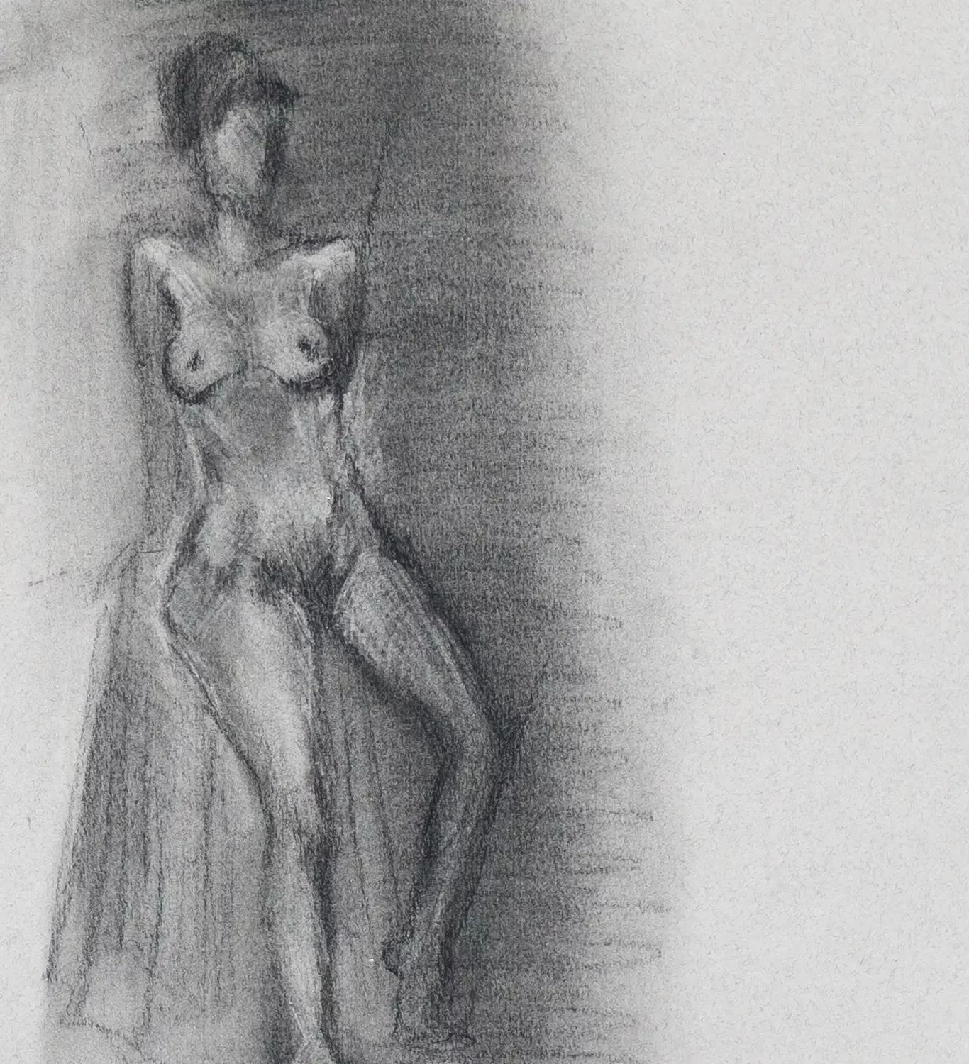 Leaning Female Figure Front, Charcoal Drawing