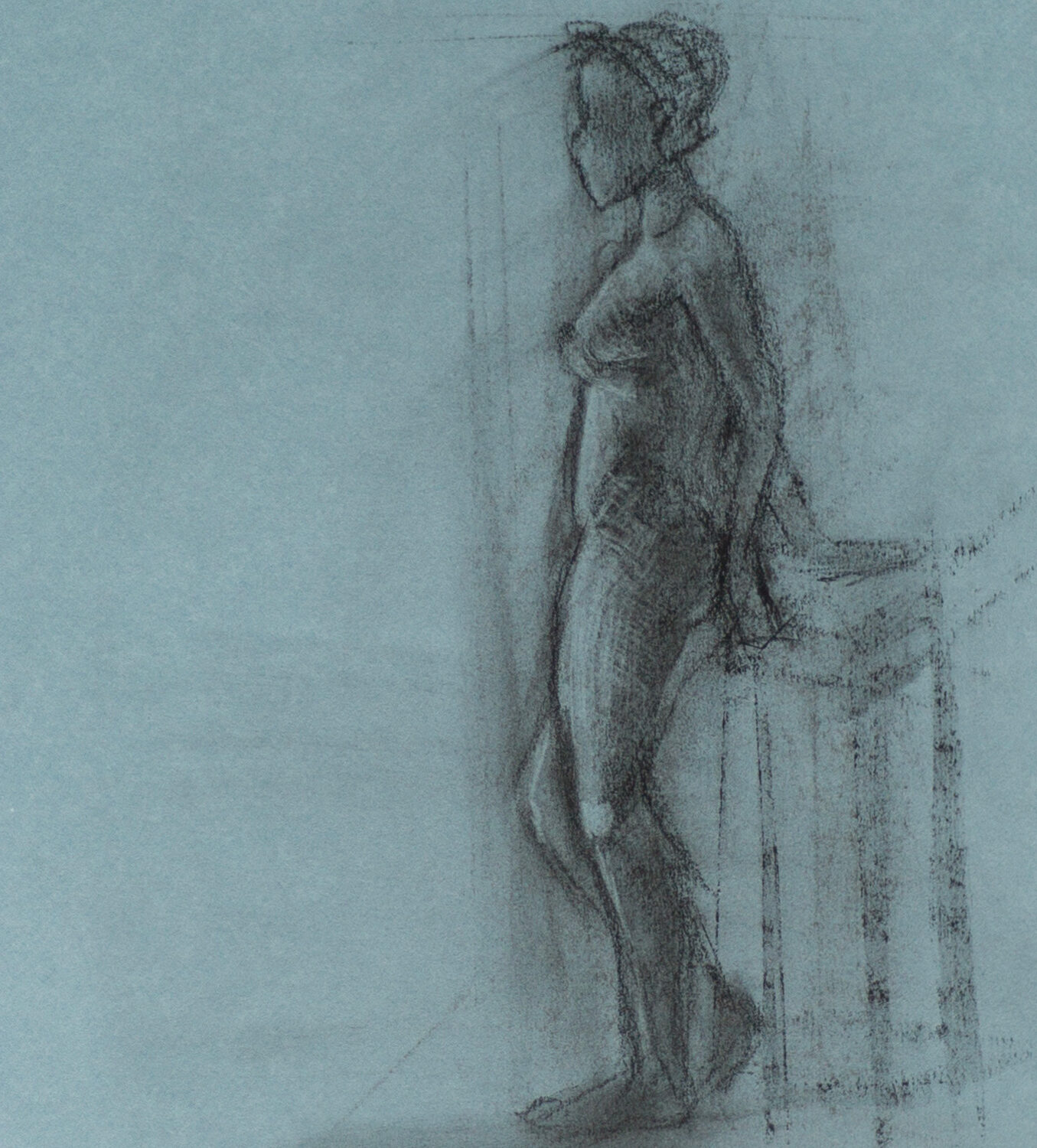 Standing Female Figure on Blue Paper