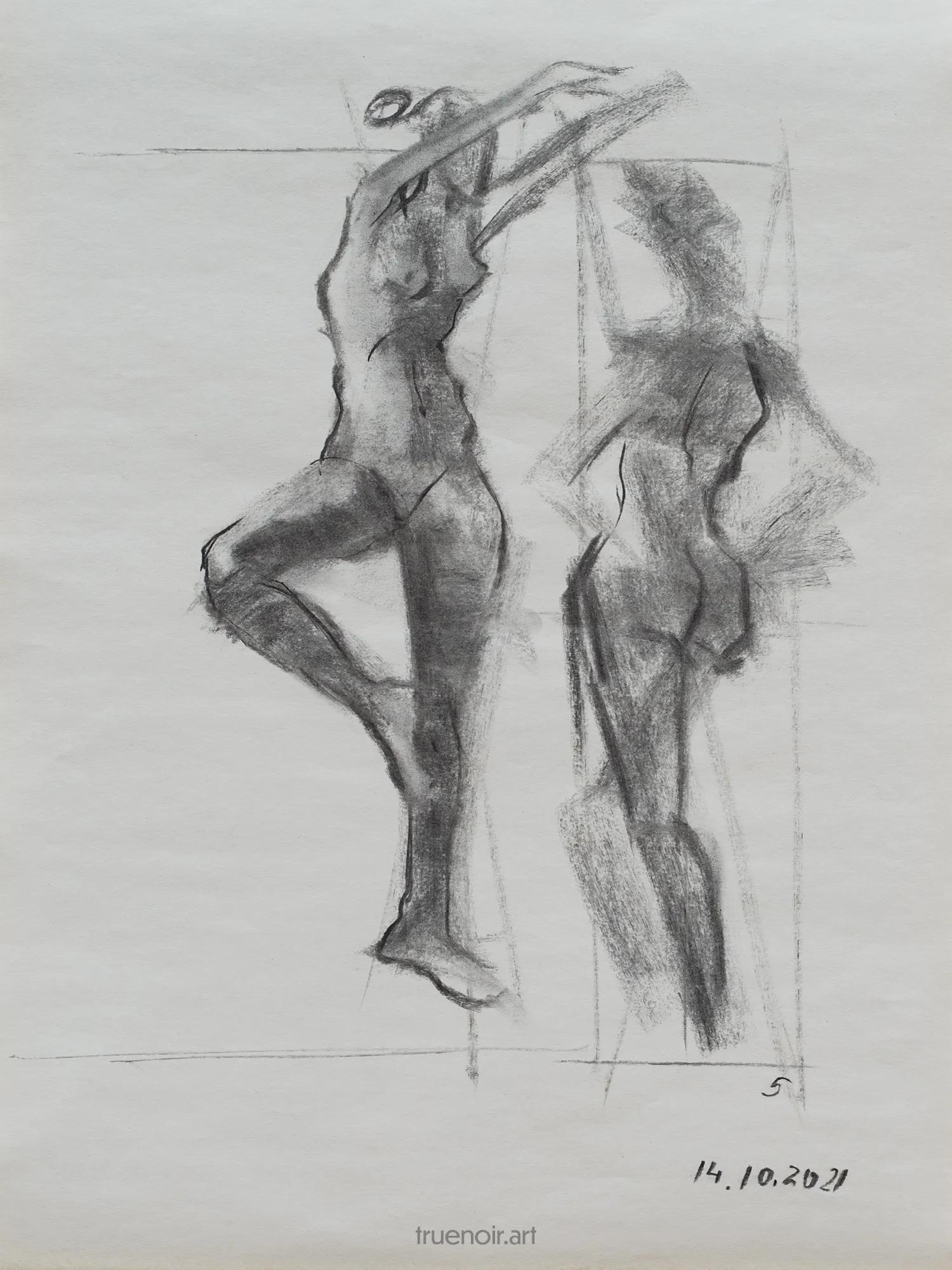 Charcoal drawing on gray newsprint paper. Pictured here are two female figures from front and back view. Front facing figure is standing on one leg, the other leg is bent in the knee and placed on the straight leg, similar to ballerina stance. The torso is turned to the left with both arms up as if stopped mid-motion. The second figure from the back view is standing in relaxed pose, the drawing is quite unfinished without feet or arms.