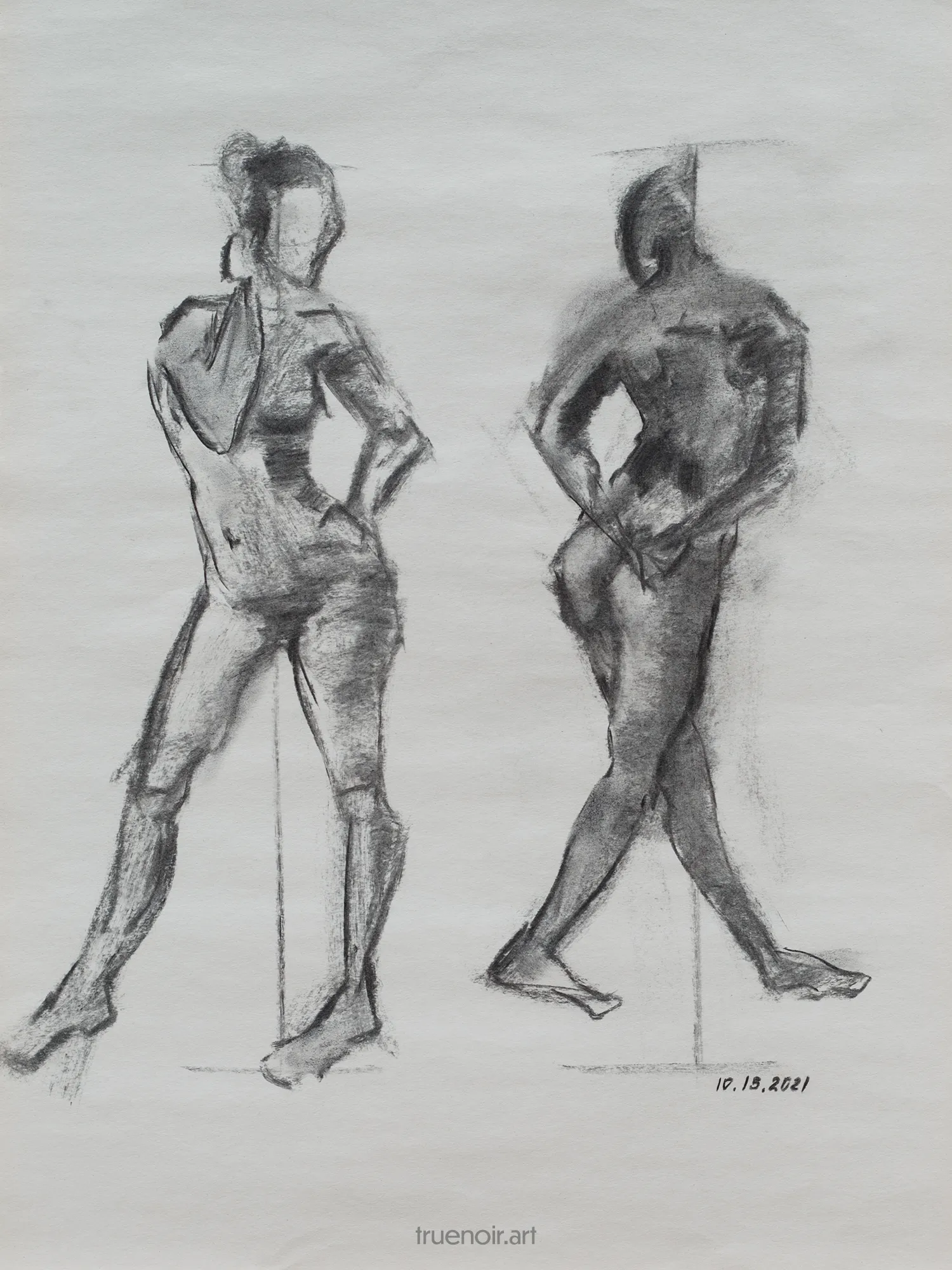 Charcoal drawing on gray paper depicting two standing female figures from front and back view. Front view figure has her torso twisted and one arm on the hip, another one on her neck. She's facing to the right. The second figure from the back view has her legs crossed and her hands behind her back. Her head is turned left.