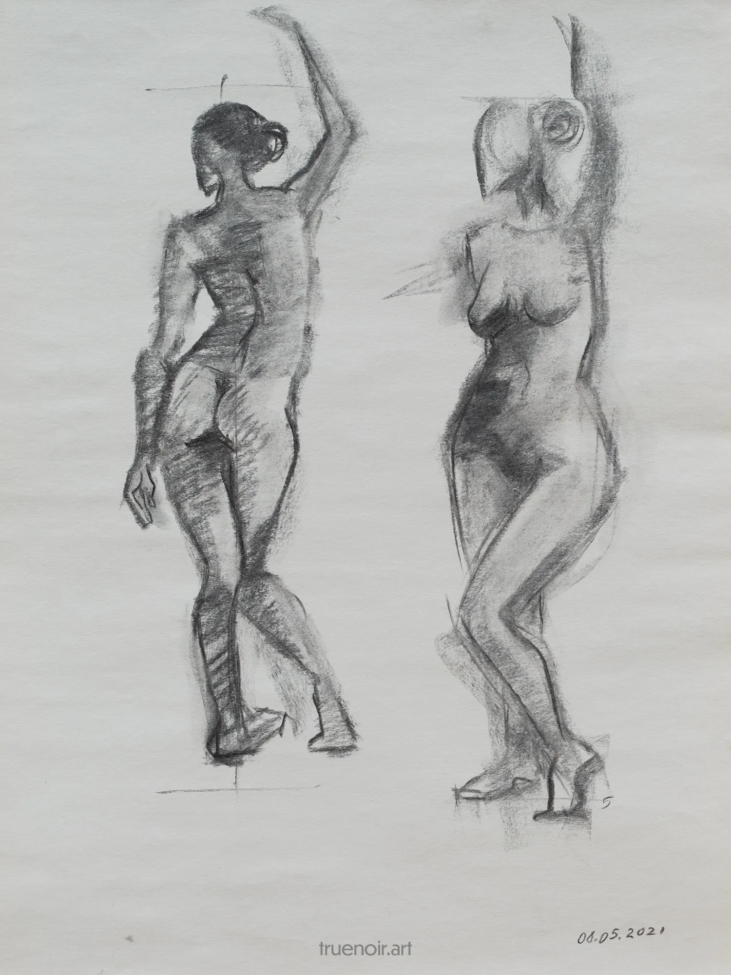 Charcoal drawing on gray paper. Depicted here are two figures in the same pose, but from different angles - front and back. The figure is standing with one leg straight. the other one bent in the knee. One arm is raised above head.