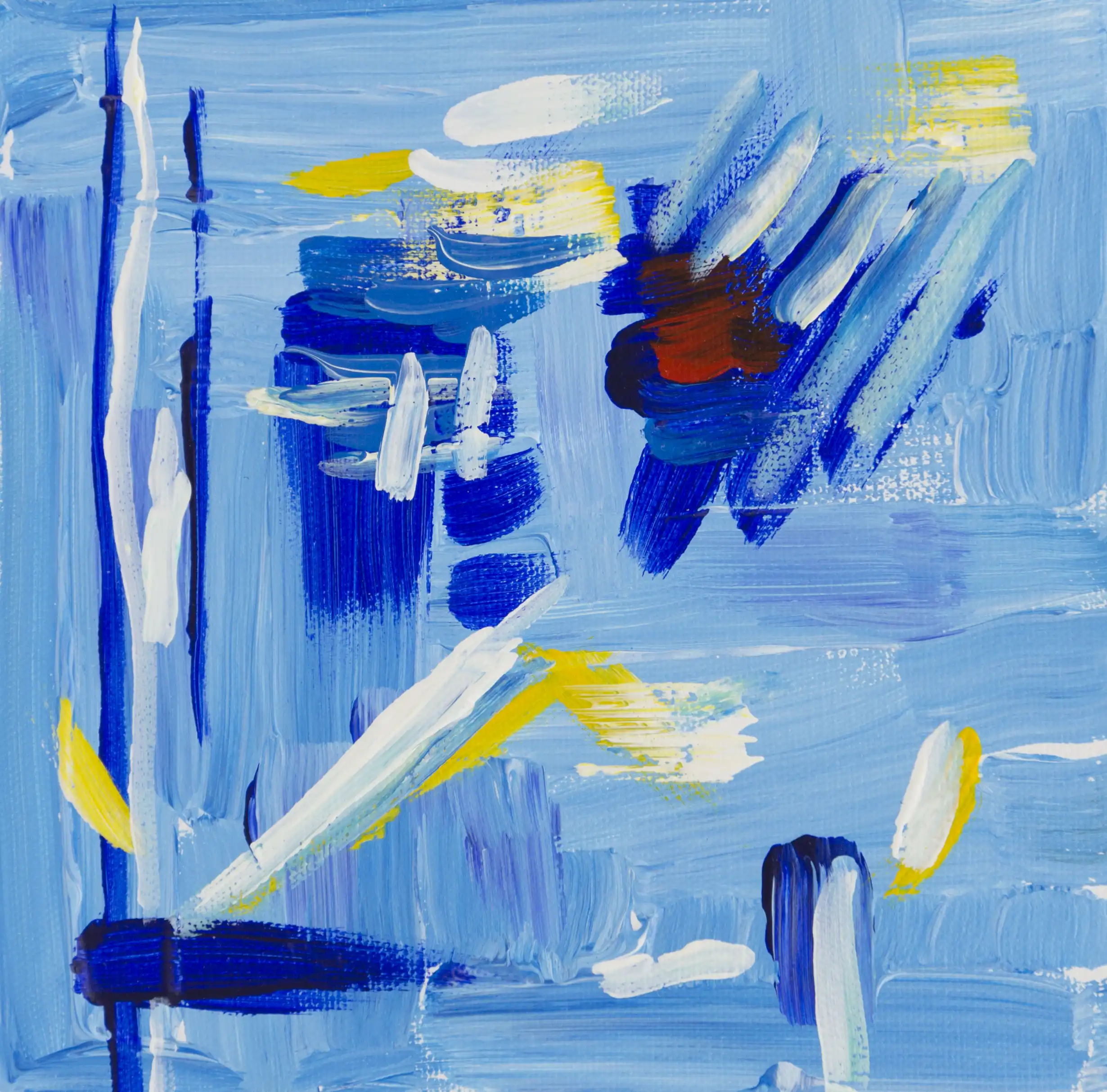 Square abstract painting. Depicted there are lots of angled long brushstrokes of dark blue on light blue background. Some of the brushstrokes are yellow and white, and there's a little red dot.