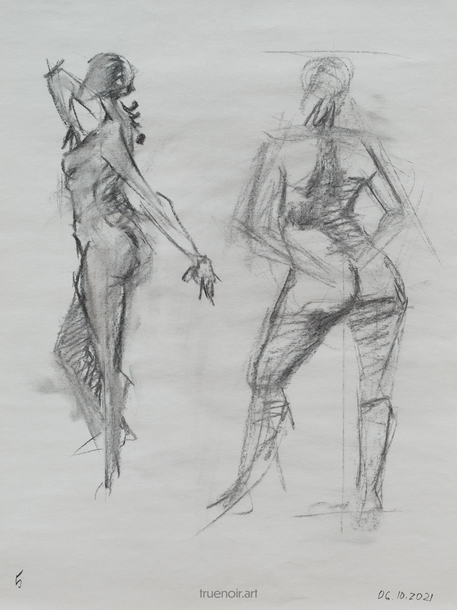 Depicted in this charcoal drawing are two standing female figures. One is pictured from the back with her arms on her hips and legs in a wide stance with one knee bent, she's looking at the second figure. Figure two is in a dramatic pose as if spinning or leaving, hence the name Drama Lama Drawings.