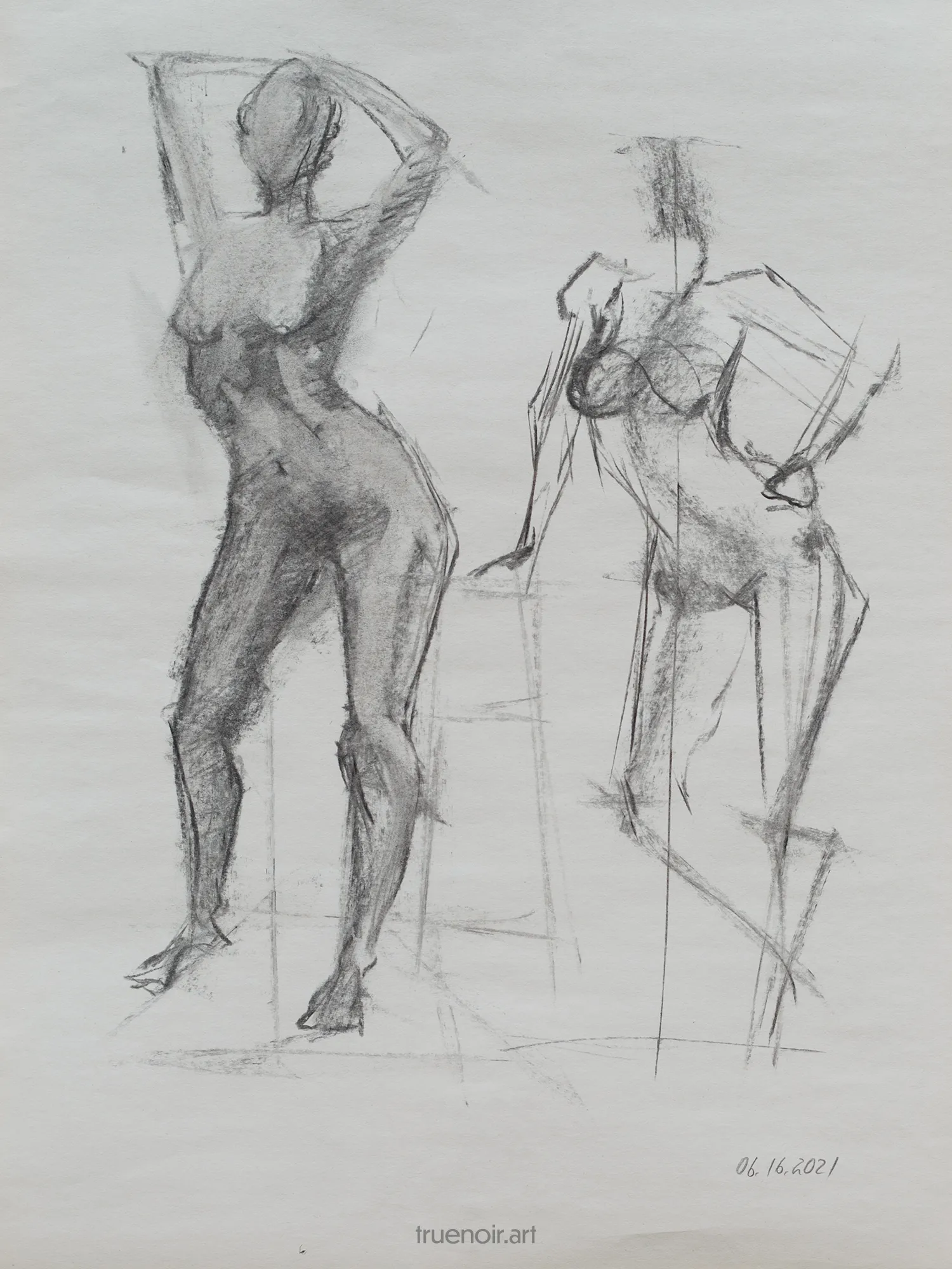 Charcoal drawing of two standing female figures. It's almost the same frontal pose, except for the arms. The first figure has arms above her head, the other figure has one arm on her hip and another one on a barstool.