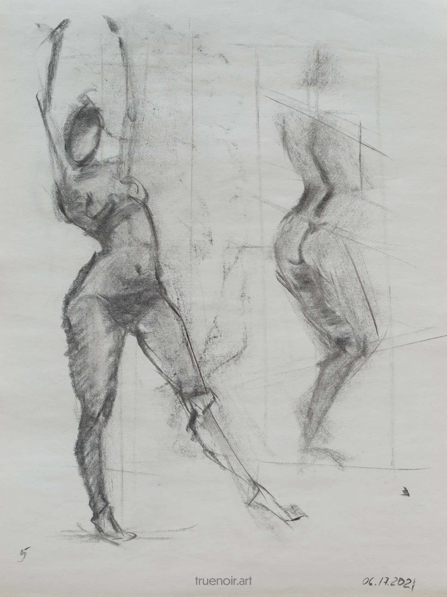 Charcoal sketch of two under 5-minute poses of female figures. First one is facing the viewer. She's standing with both of her arms up on a support beam. Her weight is shifted on the right leg, while the left leg is kicked all the way to the side. The second figure is unfinished, she's turned away from the viewer. Only her spine and upper legs are defined.