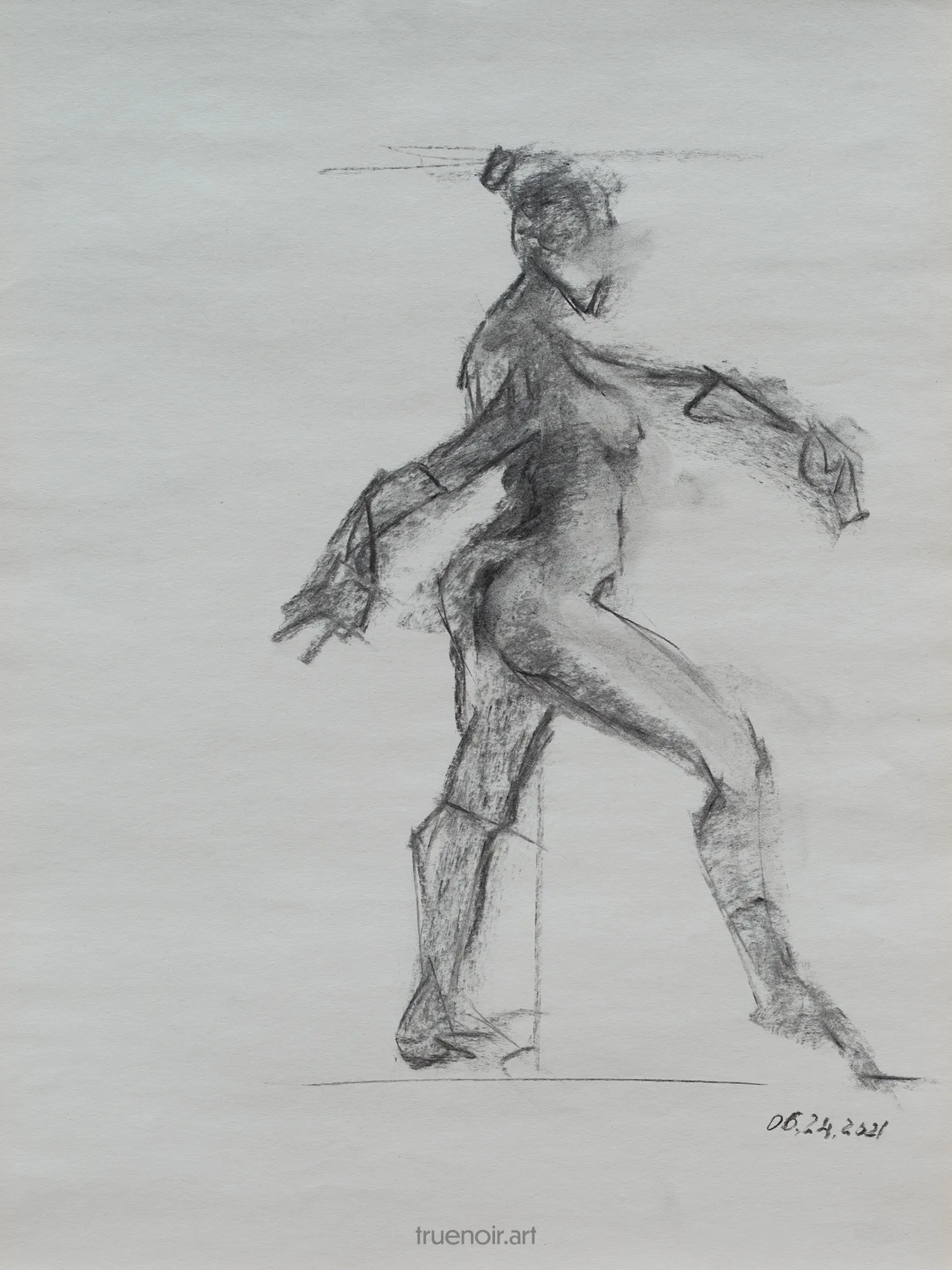A dancing female figure is pictured in this energetic gesture drawing. She might be spinning or jumping with her arms in mid-air. She's pictured from a side, facing to the left.