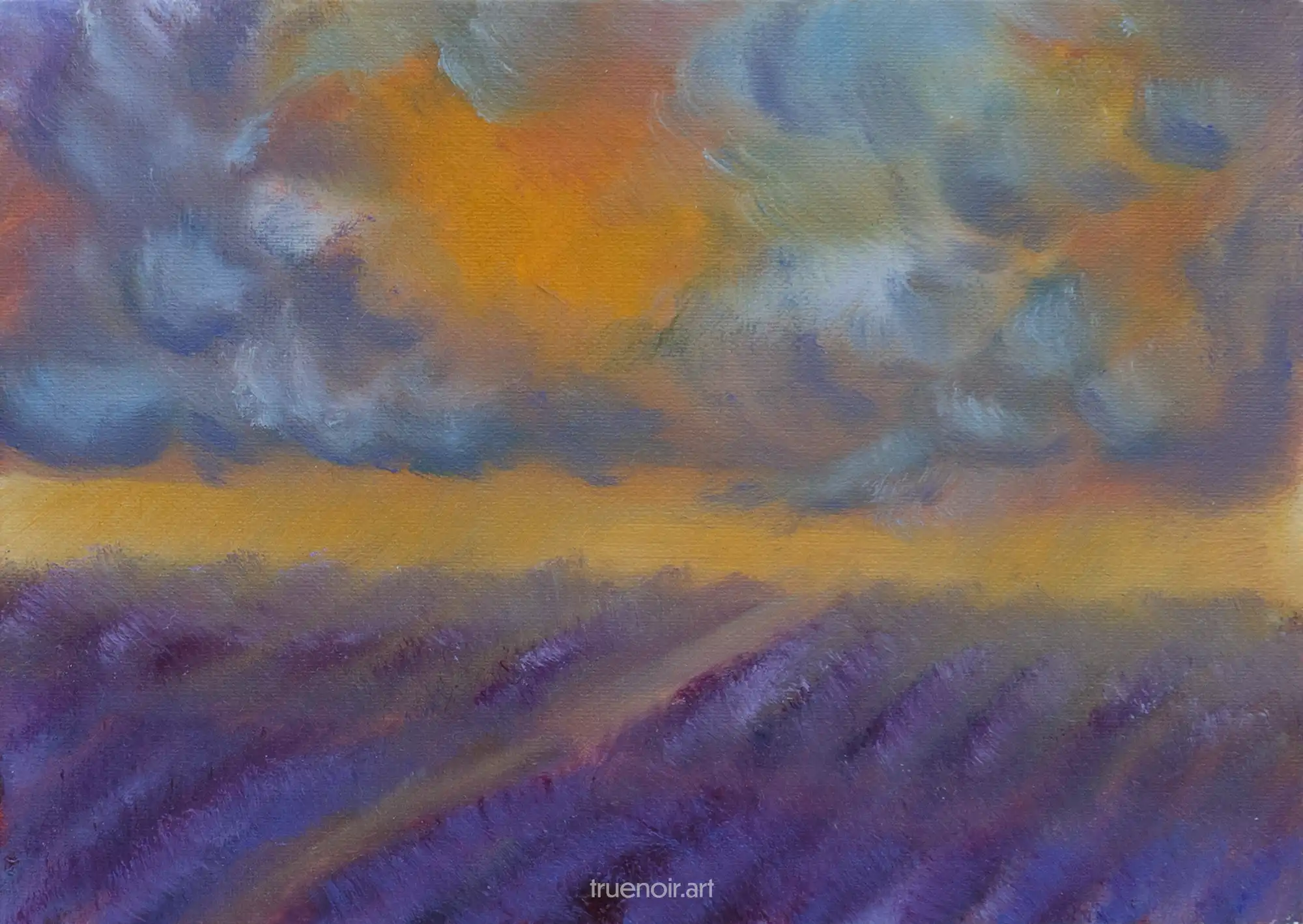 Small oil painting of lavender fields at sunset. The sky is busy with blue and violet clouds with sun peaking through them in orange streaks.