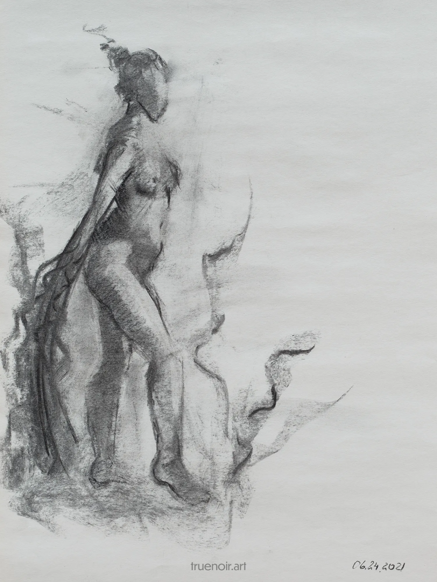 A standing female figure pictured from a side. She’s pictured as if making s step from the dark flames or pillars of smoke, hence the name Abyss of Gesture. It’s a charcoal drawing on paper.