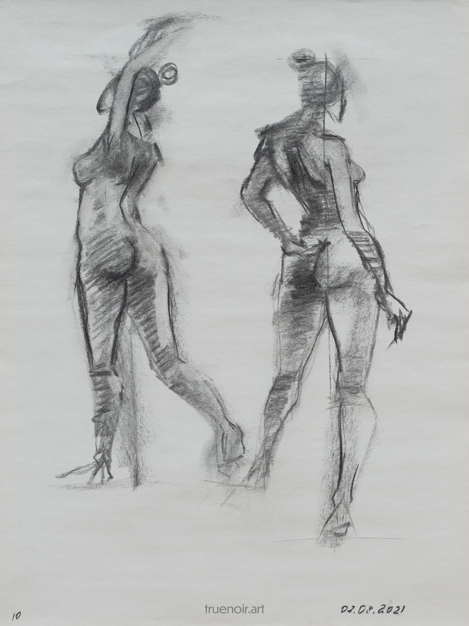 Charcoal gesture drawing of two standing female figures. First one is facing to the left, and her back is visible. One arm is up in the air; the legs are captured as if in between steps. The second figure is pictured from the back, but half turned to the right. One arm on the hip, the other one is relaxed. One leg is straight, the other one is extended to the front.