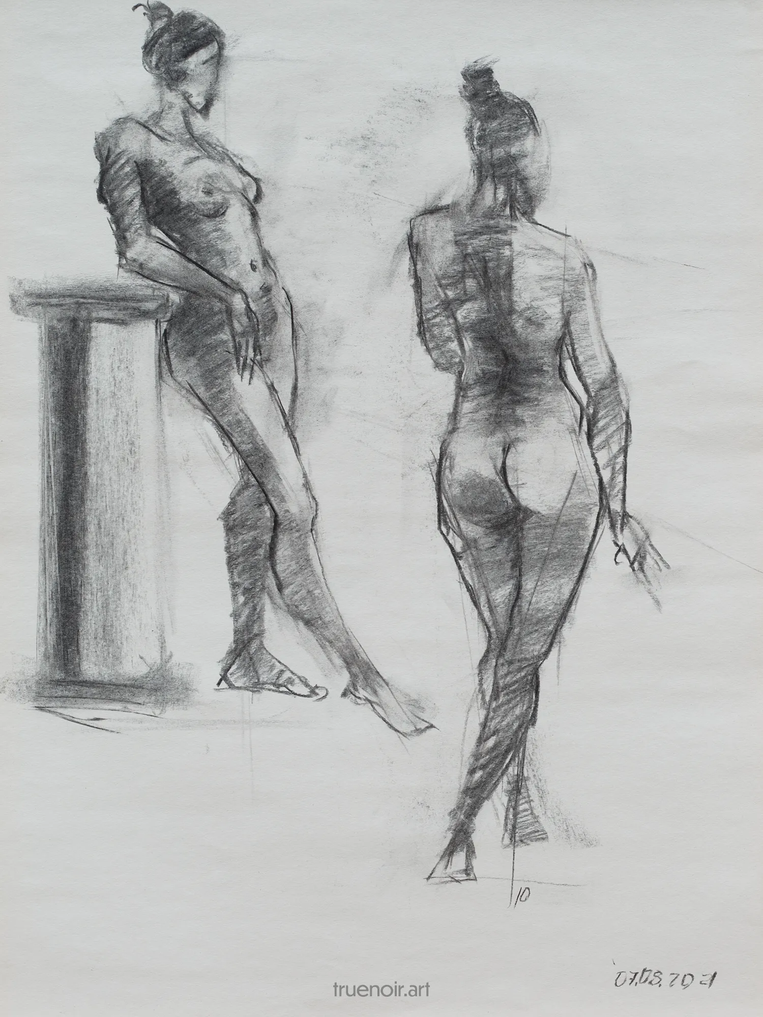 Two ten-minute figure drawings of leaning and standing female model. Leaning figure is pictured from a side, she's facing to the right and slightly towards the viewer. She's leaning on a column with her elbow. The standing figure is pictured from the back. Her legs are crisscrossed.