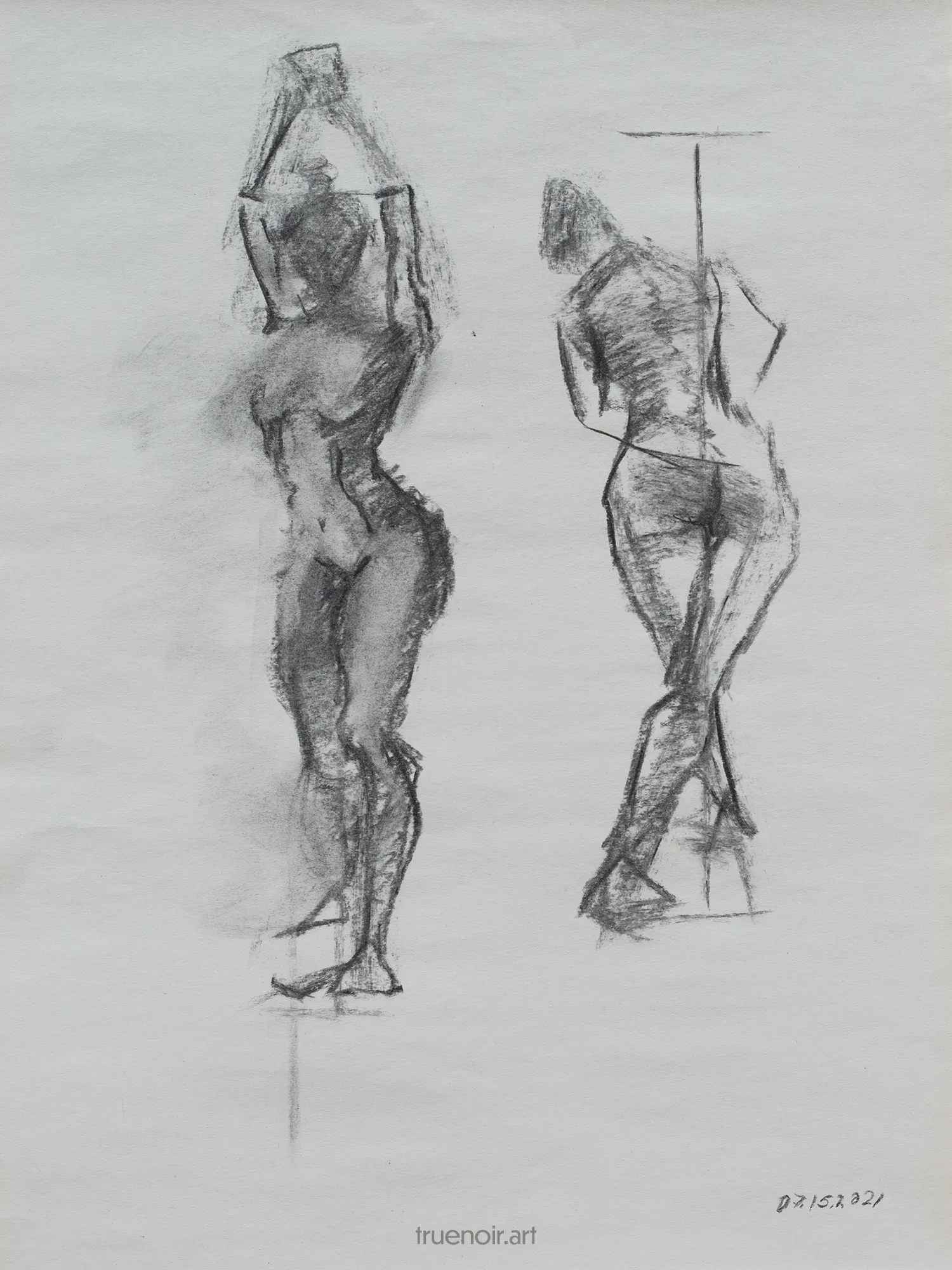 Two females are pictured in this quick figure drawing. First one is pictured from the front, the second one from the back. The first figure has her arms above her head, hands together. The second figure is leaning forward with her legs crisscrossed.