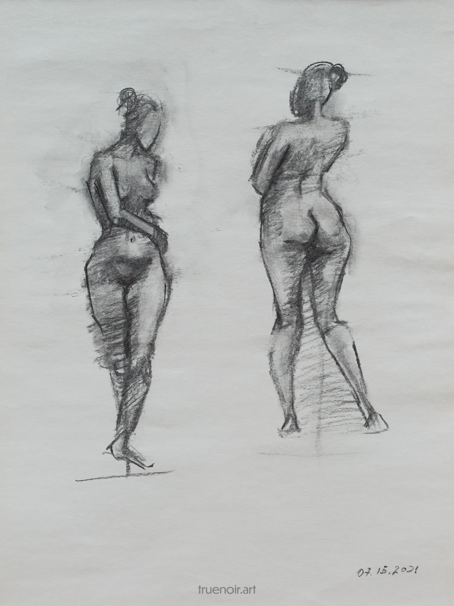 Charcoal on paper front and back view gesture drawing of two figures. First figure is facing the viewer with arms tight on her body and across stomach. The legs are slightly crisscrossed. The second figure is pictured from the back. The arms are crossed on her torso, the legs are straight with more weight on left leg. The drawing is rather loose, but the figures are well indicated.