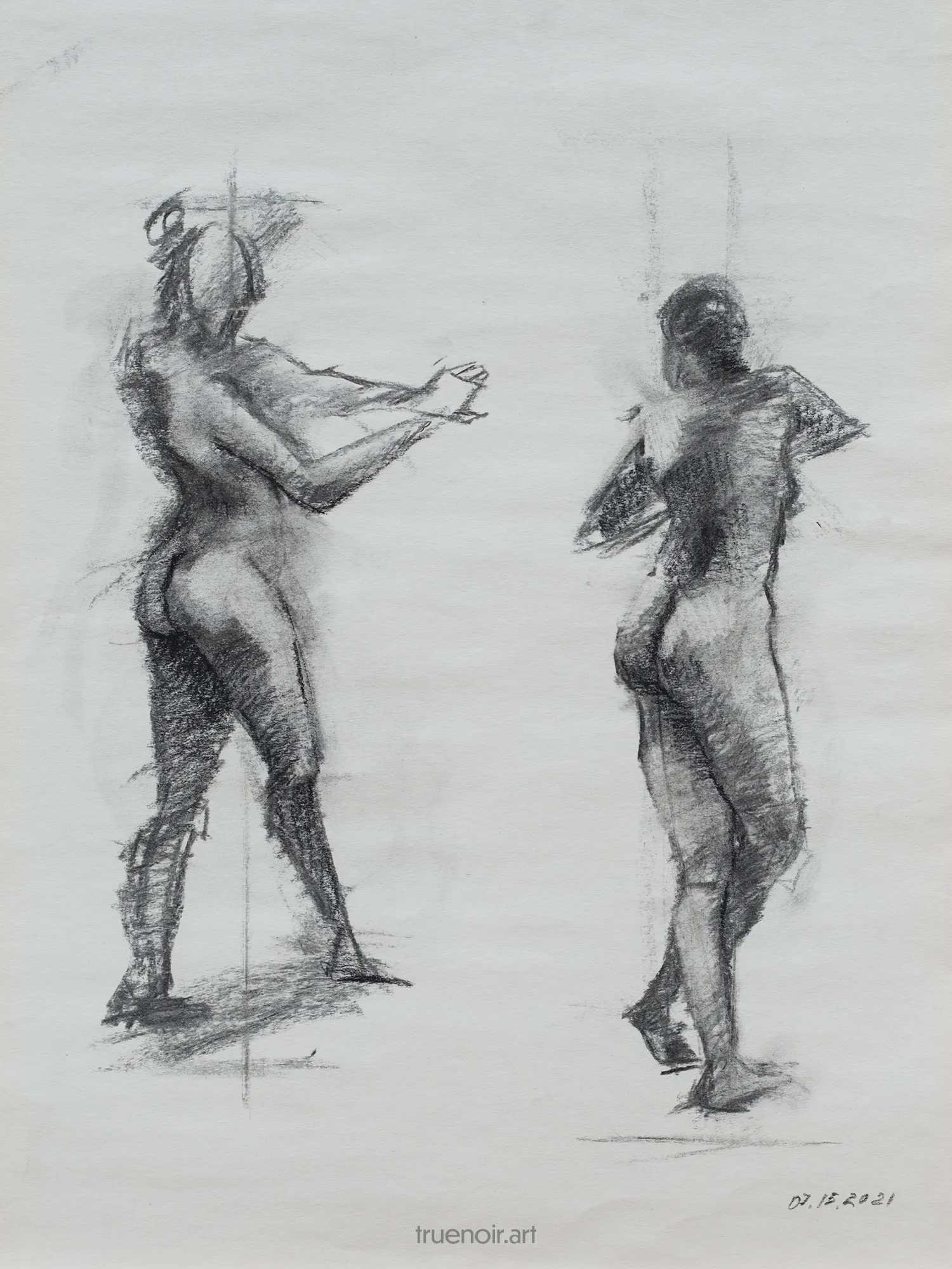 In this side view figure drawing two female figures are depicted from the back. They are looking at each other as if in a dance. One figure has one leg in front, the other one's legs are crisscrossed.