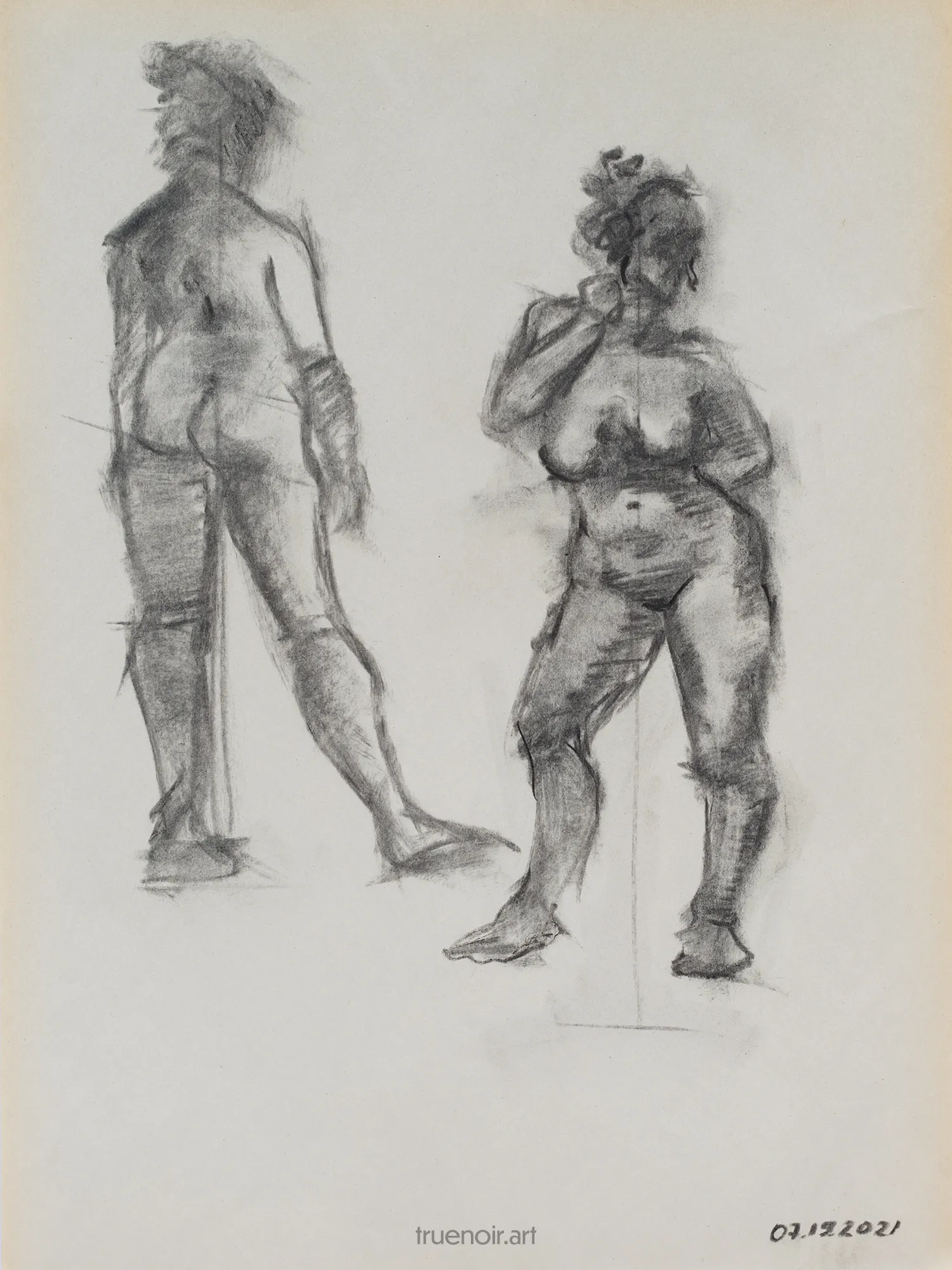 In this front and back figure drawing two standing females are depicted. Both are standing with weight shifted to one leg. Front figure has one arm on the neck, the other one is behind back. The back view figure has her arms relaxed along her body.